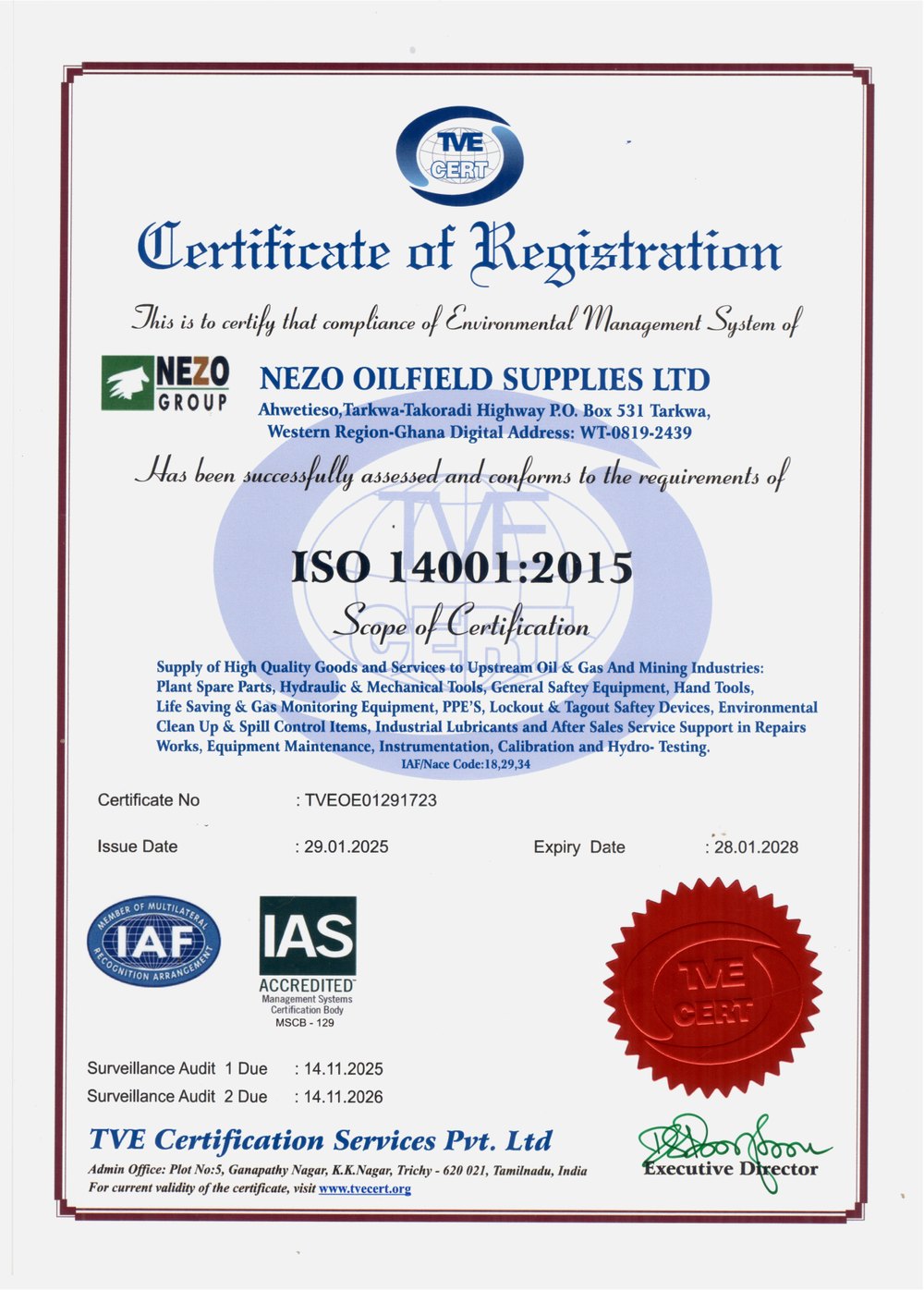 ISO 14001:2015 Environmental Management certificate