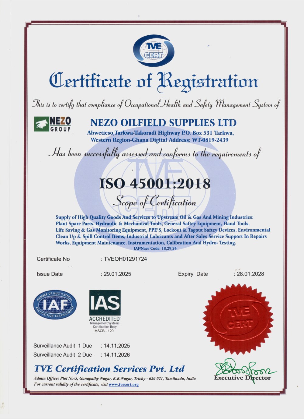 ISO 45001:2018 Occupational Health and Safety certificate