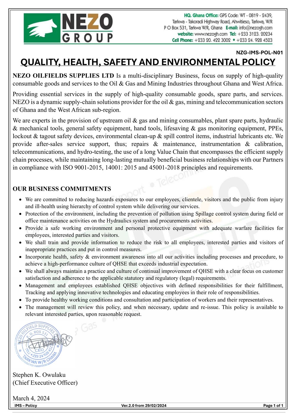 NEZO Quality, Health, Safety and Environmental Policy 2024