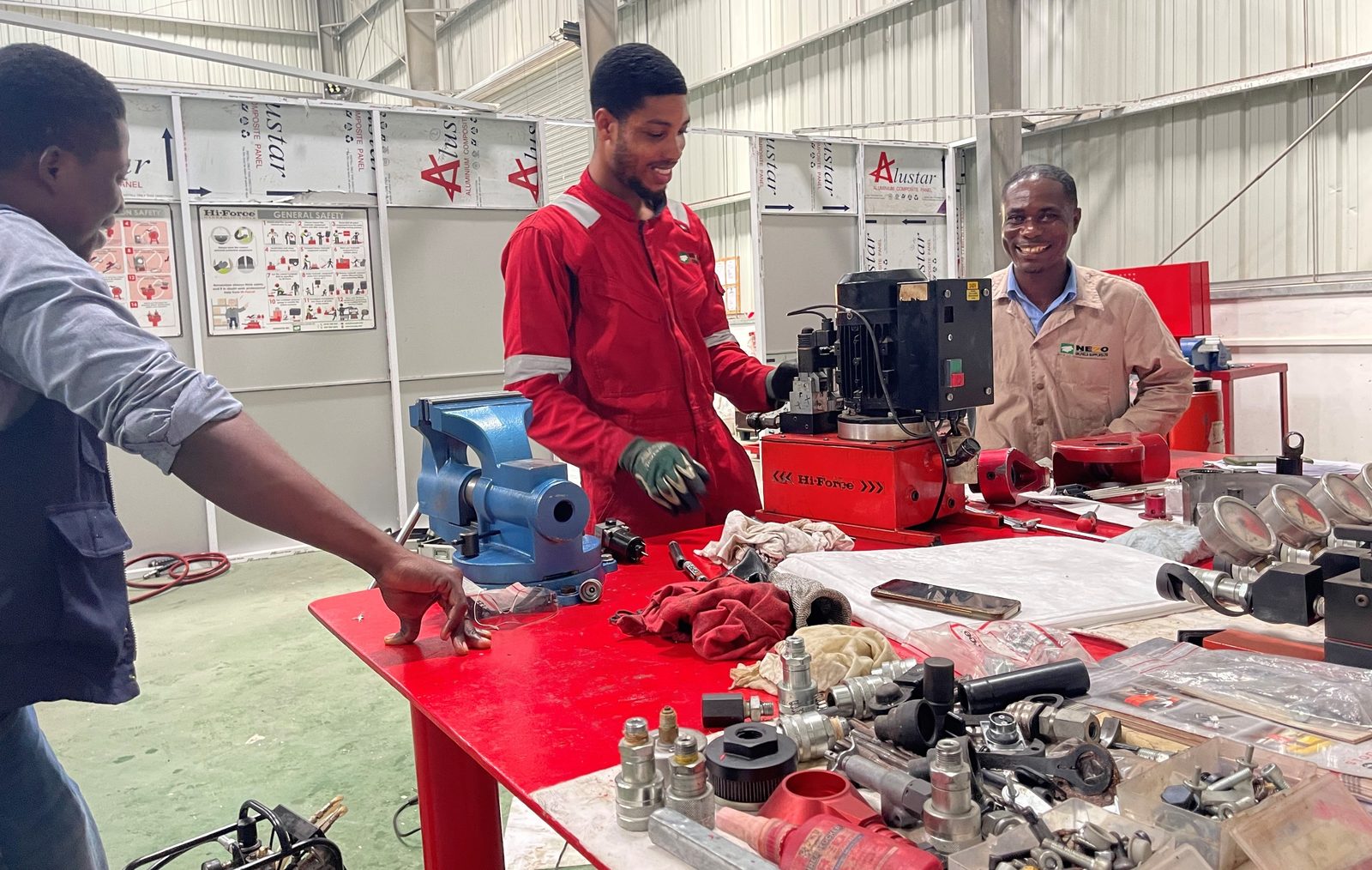 NEZO Africa technical team servicing Hi-Force hydraulic tooling in the workshop